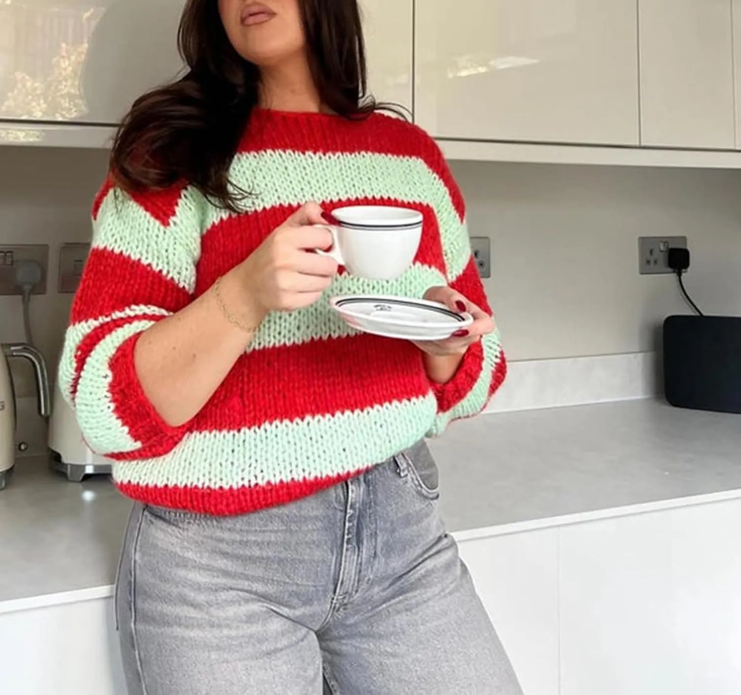 FOMOYUU Women Oversized Striped Sweater Color Block Knit Long Sleeve Sweatshirt Loose Pullover Y2K Preppy Jumper