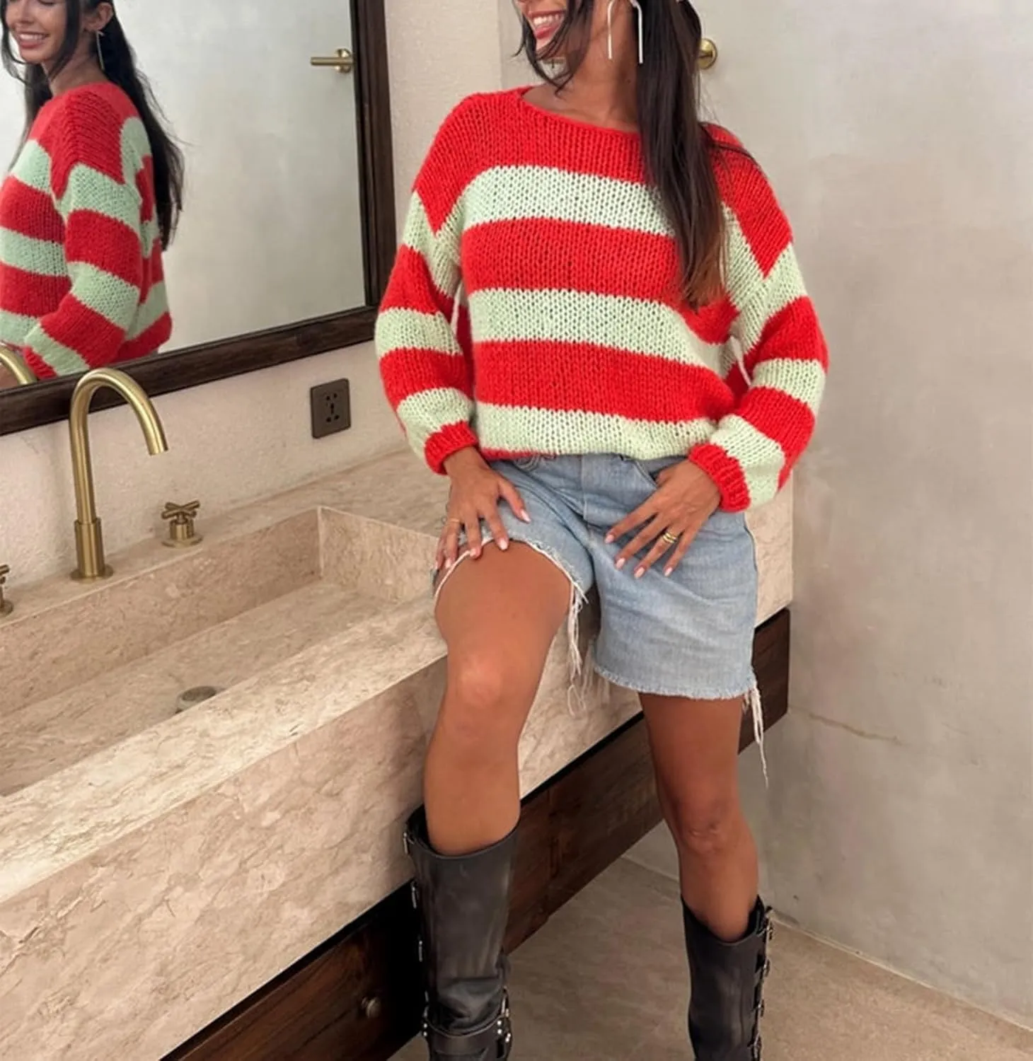 FOMOYUU Women Oversized Striped Sweater Color Block Knit Long Sleeve Sweatshirt Loose Pullover Y2K Preppy Jumper