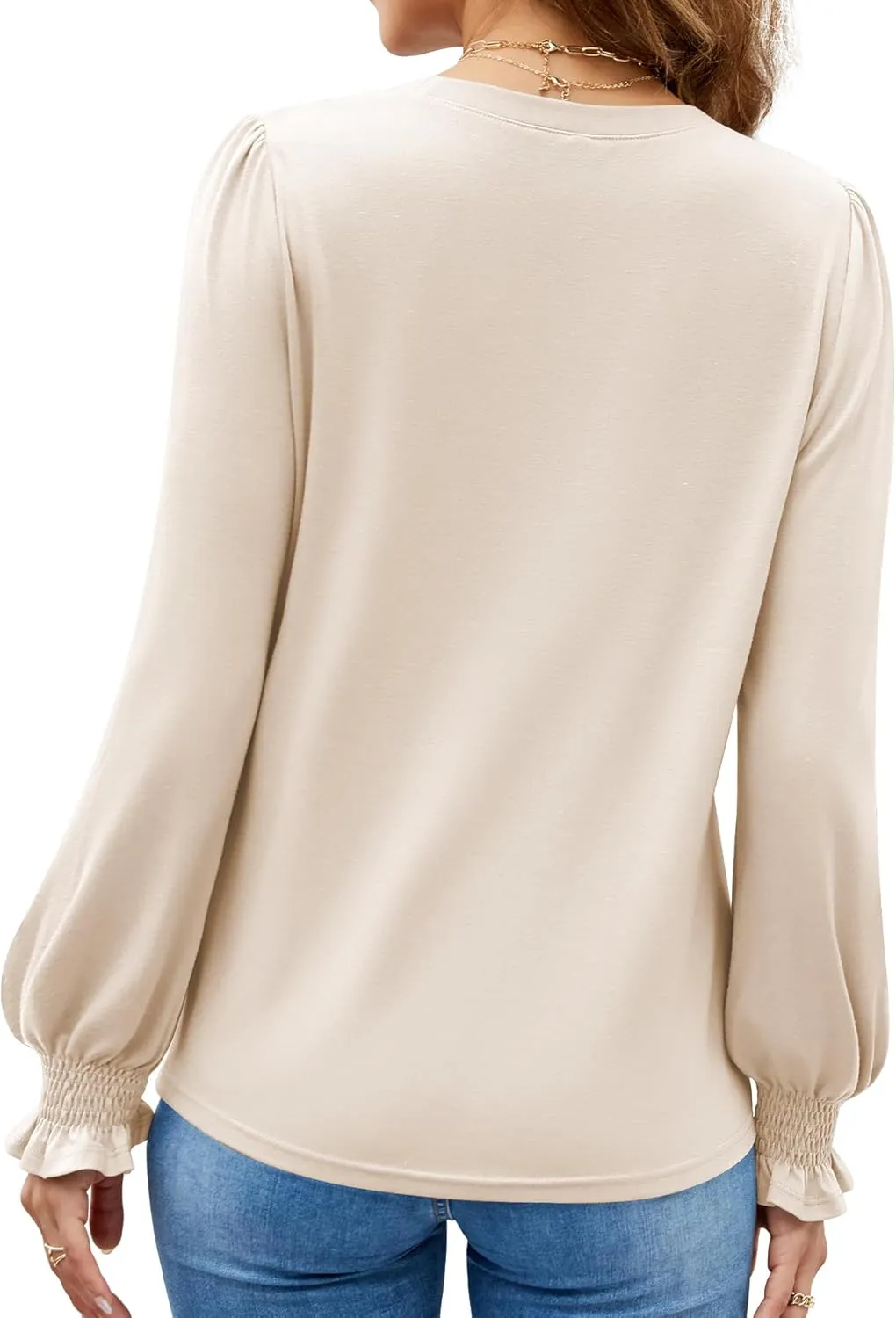 Funlingo Womens Long Sleeve Tops Fashion Fall Shirts Scoop Neck Pleated Ruffle Loose Tunic Tops Business Work Blouse