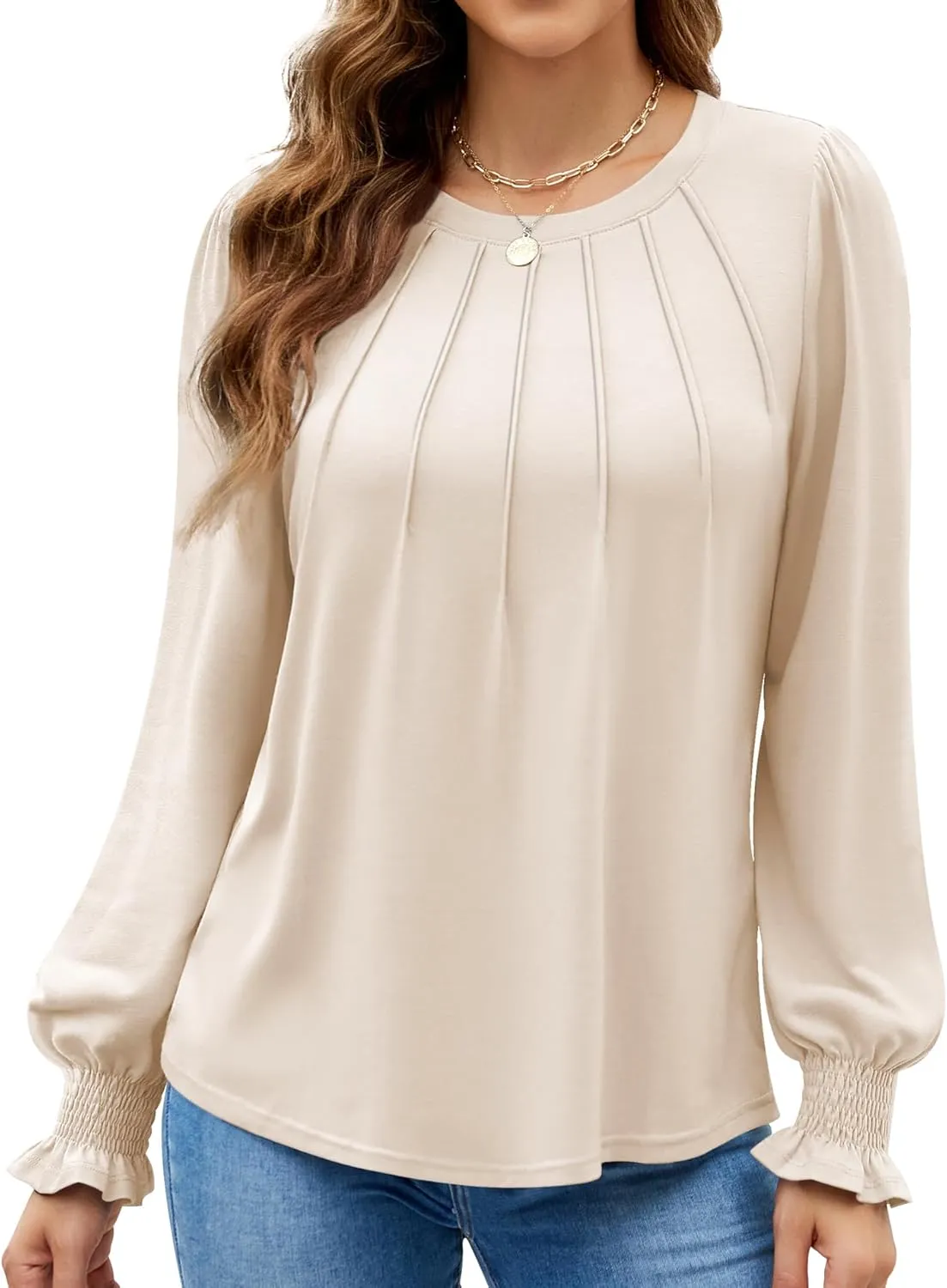 Funlingo Womens Long Sleeve Tops Fashion Fall Shirts Scoop Neck Pleated Ruffle Loose Tunic Tops Business Work Blouse