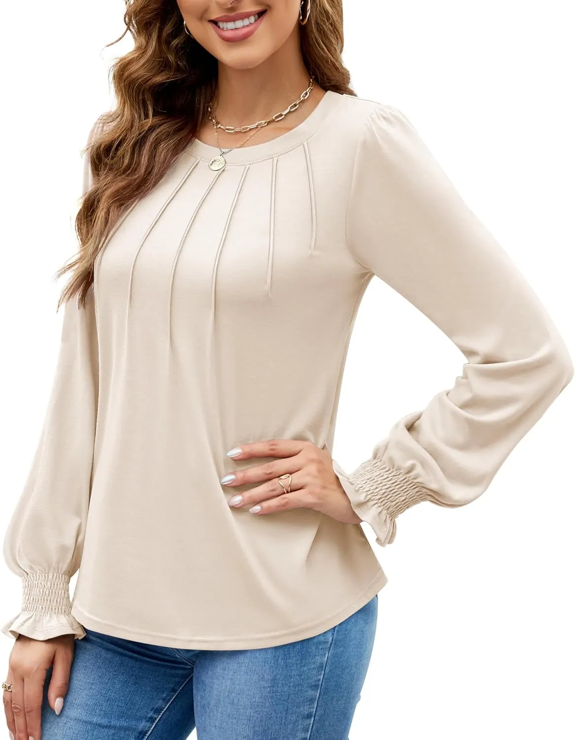 Funlingo Womens Long Sleeve Tops Fashion Fall Shirts Scoop Neck Pleated Ruffle Loose Tunic Tops Business Work Blouse