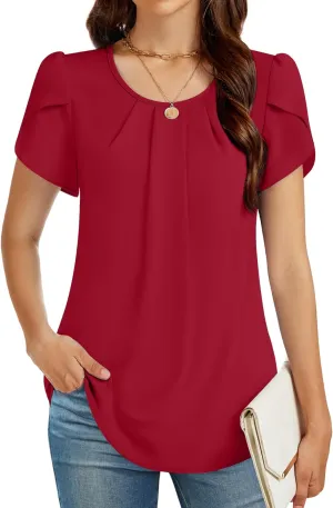 Funlingo Womens Summer Tops Dressy Casual Short Sleeve Tunic Chiffon Blouse Business Pleated Crew Neck Loose Flowy Shirts