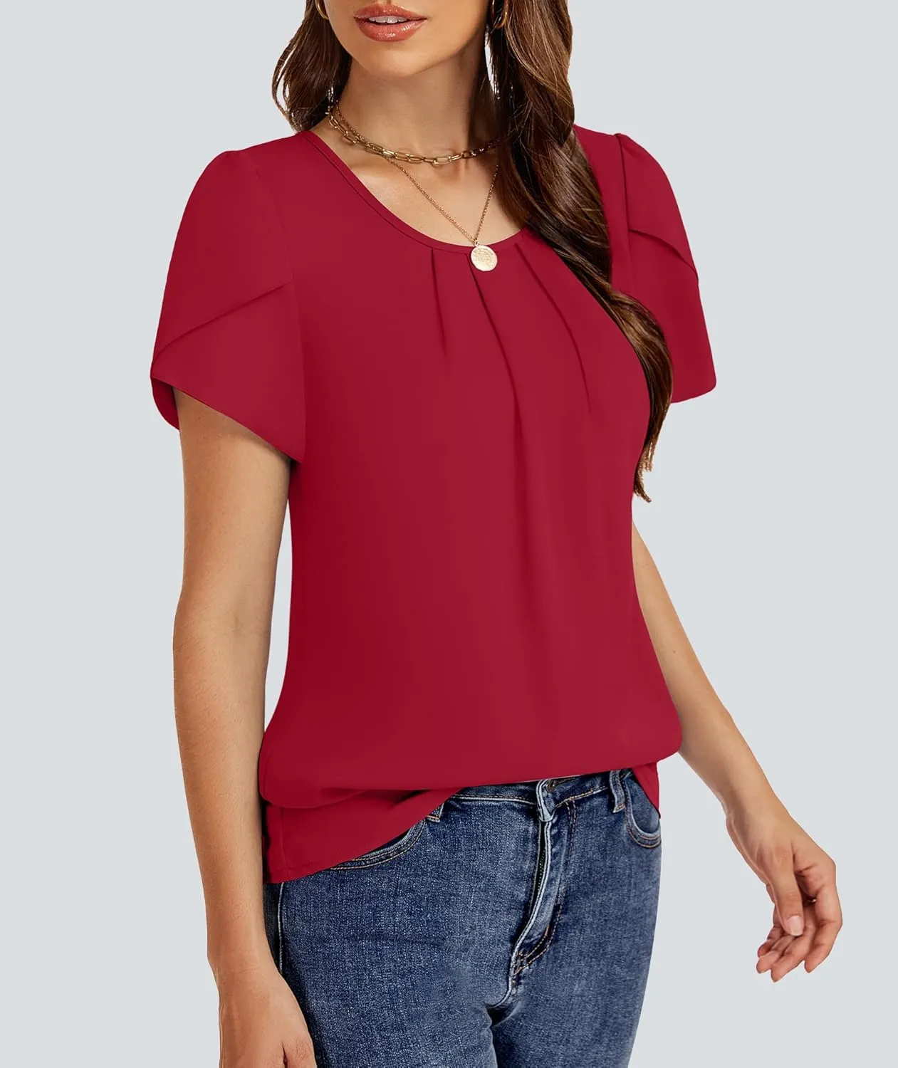 Funlingo Womens Summer Tops Dressy Casual Short Sleeve Tunic Chiffon Blouse Business Pleated Crew Neck Loose Flowy Shirts