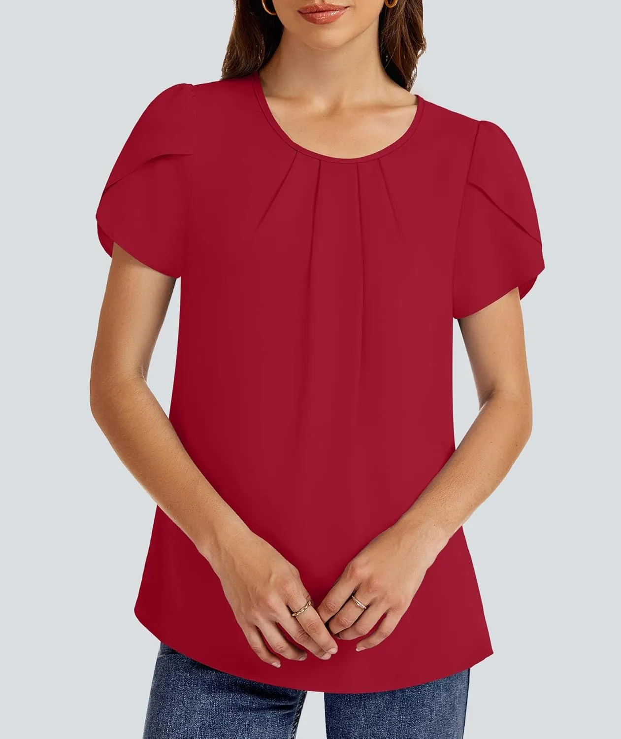 Funlingo Womens Summer Tops Dressy Casual Short Sleeve Tunic Chiffon Blouse Business Pleated Crew Neck Loose Flowy Shirts