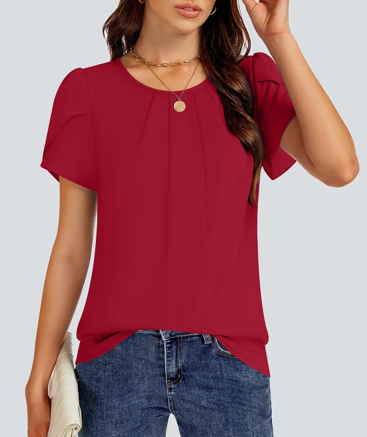 Funlingo Womens Summer Tops Dressy Casual Short Sleeve Tunic Chiffon Blouse Business Pleated Crew Neck Loose Flowy Shirts