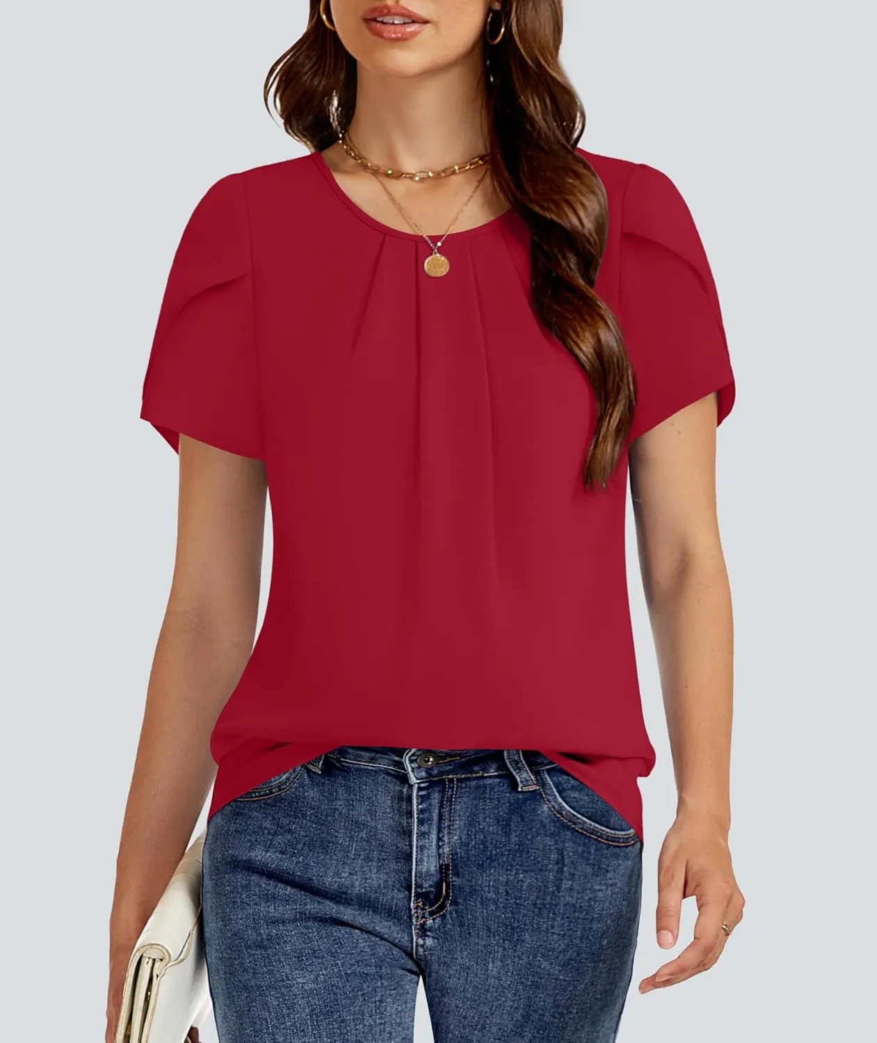 Funlingo Womens Summer Tops Dressy Casual Short Sleeve Tunic Chiffon Blouse Business Pleated Crew Neck Loose Flowy Shirts