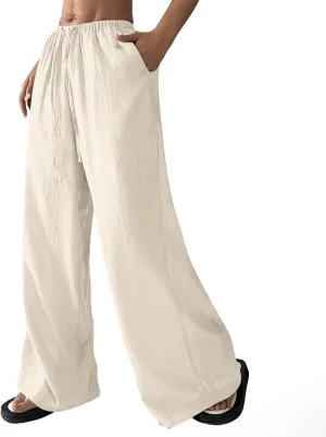 GOFULY Linen Pants Women Wide Leg Beach High Rise Pants Casual Elastic Waist Drawstring Summer 2025 Solid Trouser with Pocket