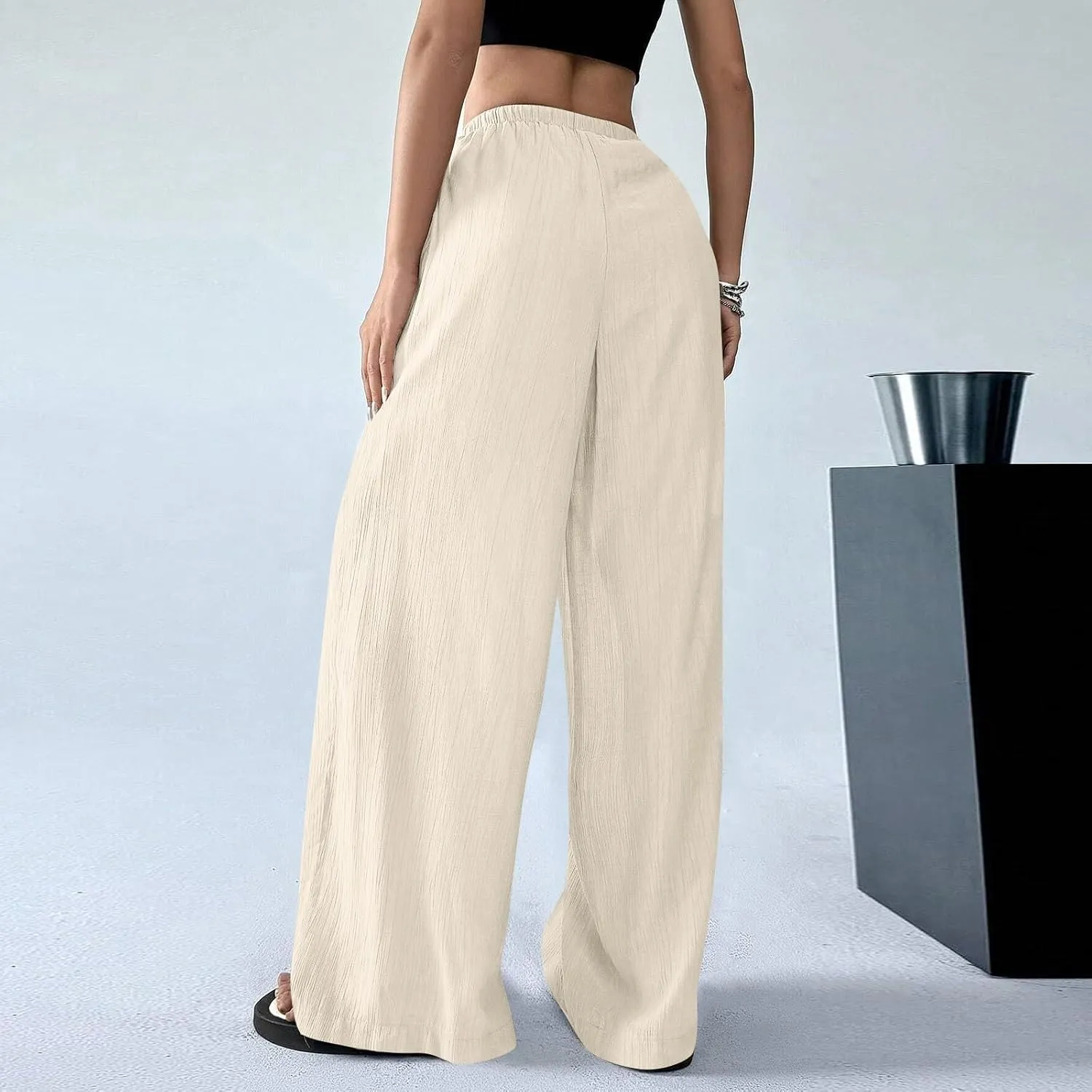 GOFULY Linen Pants Women Wide Leg Beach High Rise Pants Casual Elastic Waist Drawstring Summer 2025 Solid Trouser with Pocket