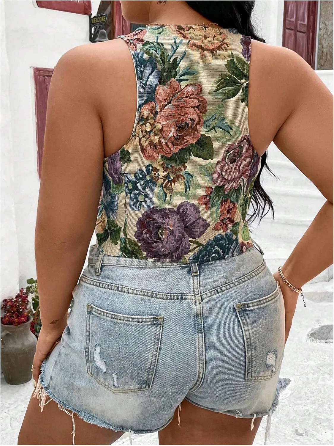 GORGLITTER Women's Plus Size Floral Vest Button Up Vest Sleeveless Cropped Blazers Vest Top