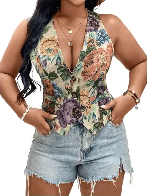 GORGLITTER Women's Plus Size Floral Vest Button Up Vest Sleeveless Cropped Blazers Vest Top
