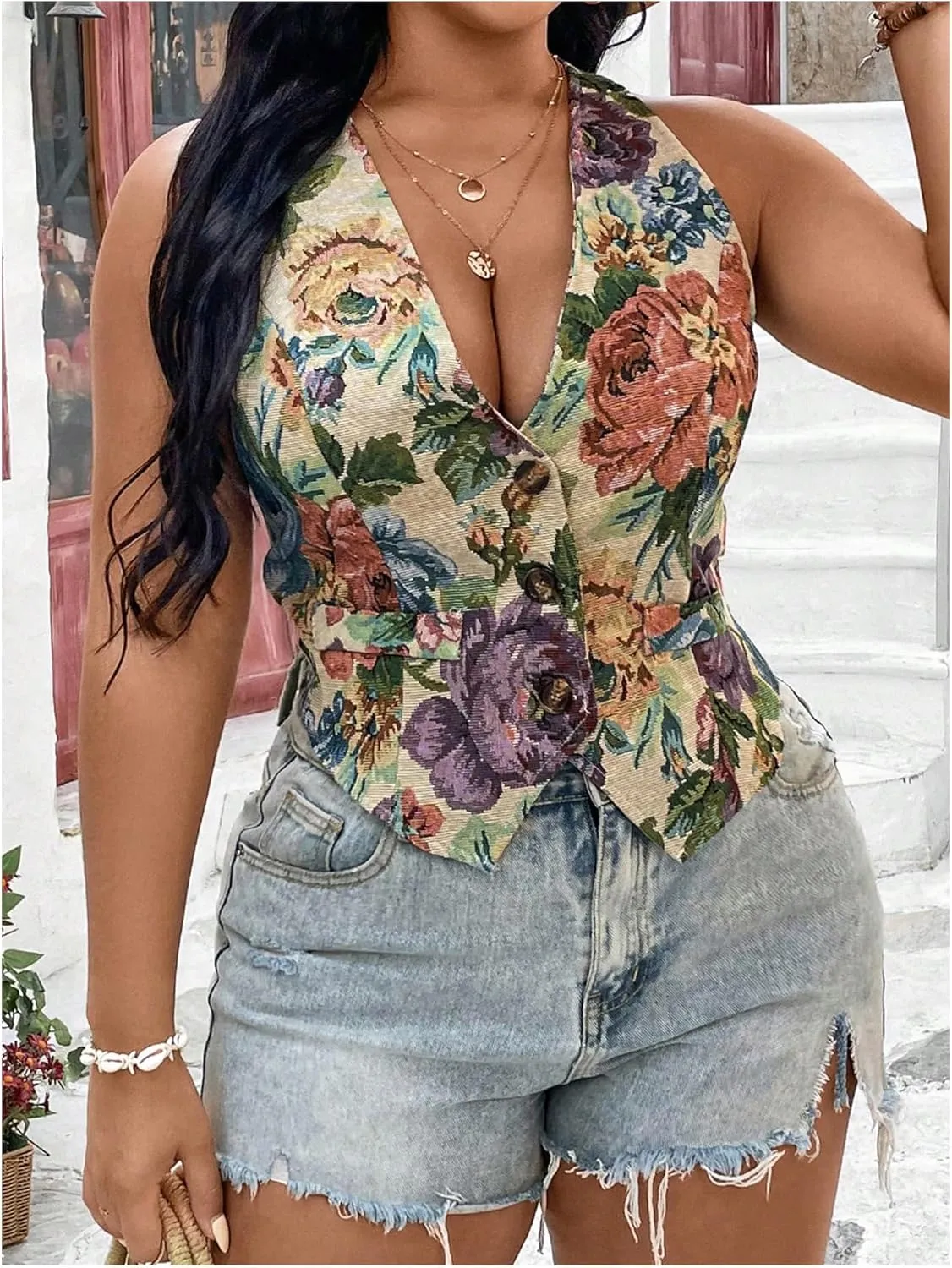 GORGLITTER Women's Plus Size Floral Vest Button Up Vest Sleeveless Cropped Blazers Vest Top