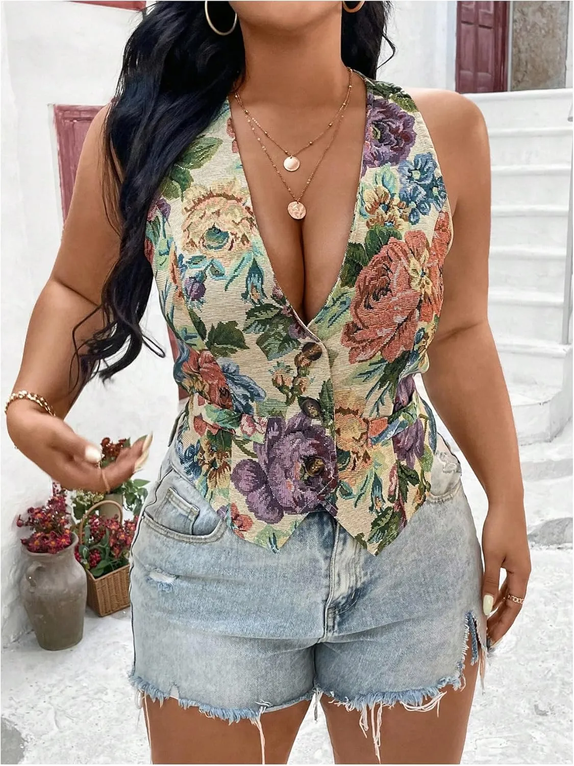 GORGLITTER Women's Plus Size Floral Vest Button Up Vest Sleeveless Cropped Blazers Vest Top