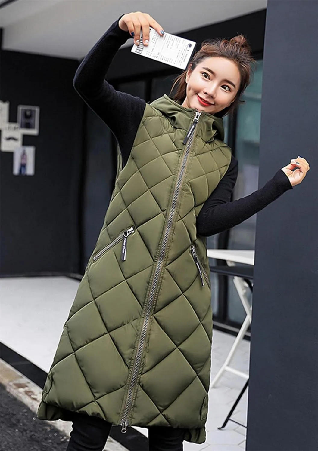 GORIFE Women's Mid Length Lightweight Puffer Vest Outwear with Pockets Zipper Sleeveless Hooded Jacket