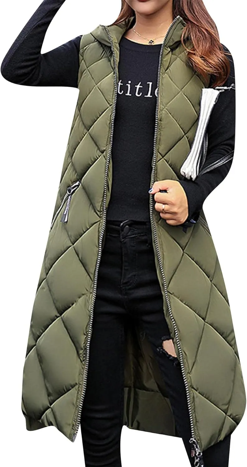 GORIFE Women's Mid Length Lightweight Puffer Vest Outwear with Pockets Zipper Sleeveless Hooded Jacket