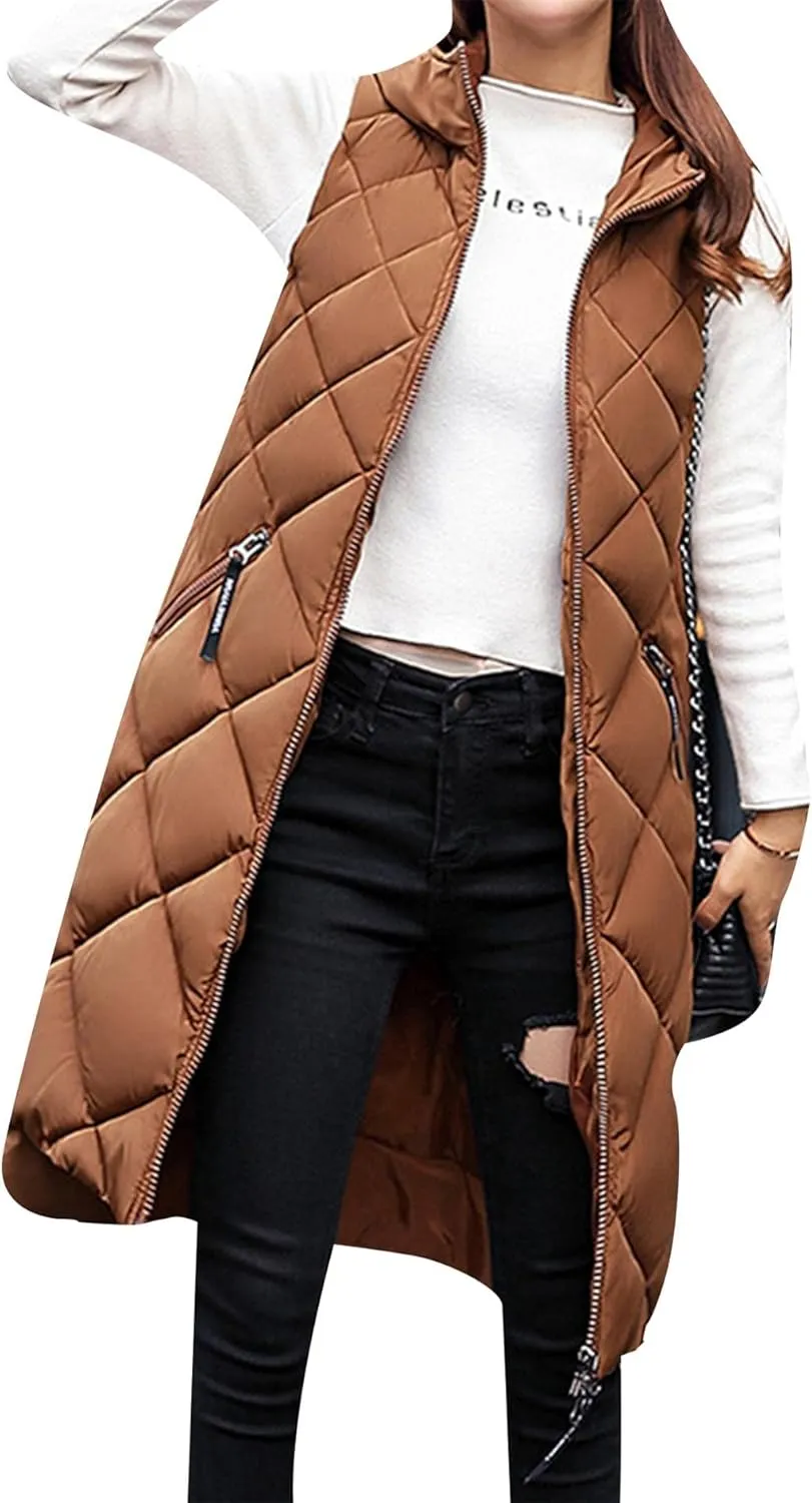 GORIFE Women's Mid Length Lightweight Puffer Vest Outwear with Pockets Zipper Sleeveless Hooded Jacket