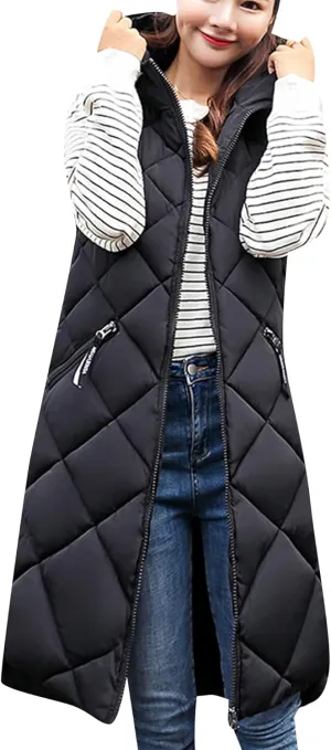 GORIFE Women's Mid Length Lightweight Puffer Vest Outwear with Pockets Zipper Sleeveless Hooded Jacket