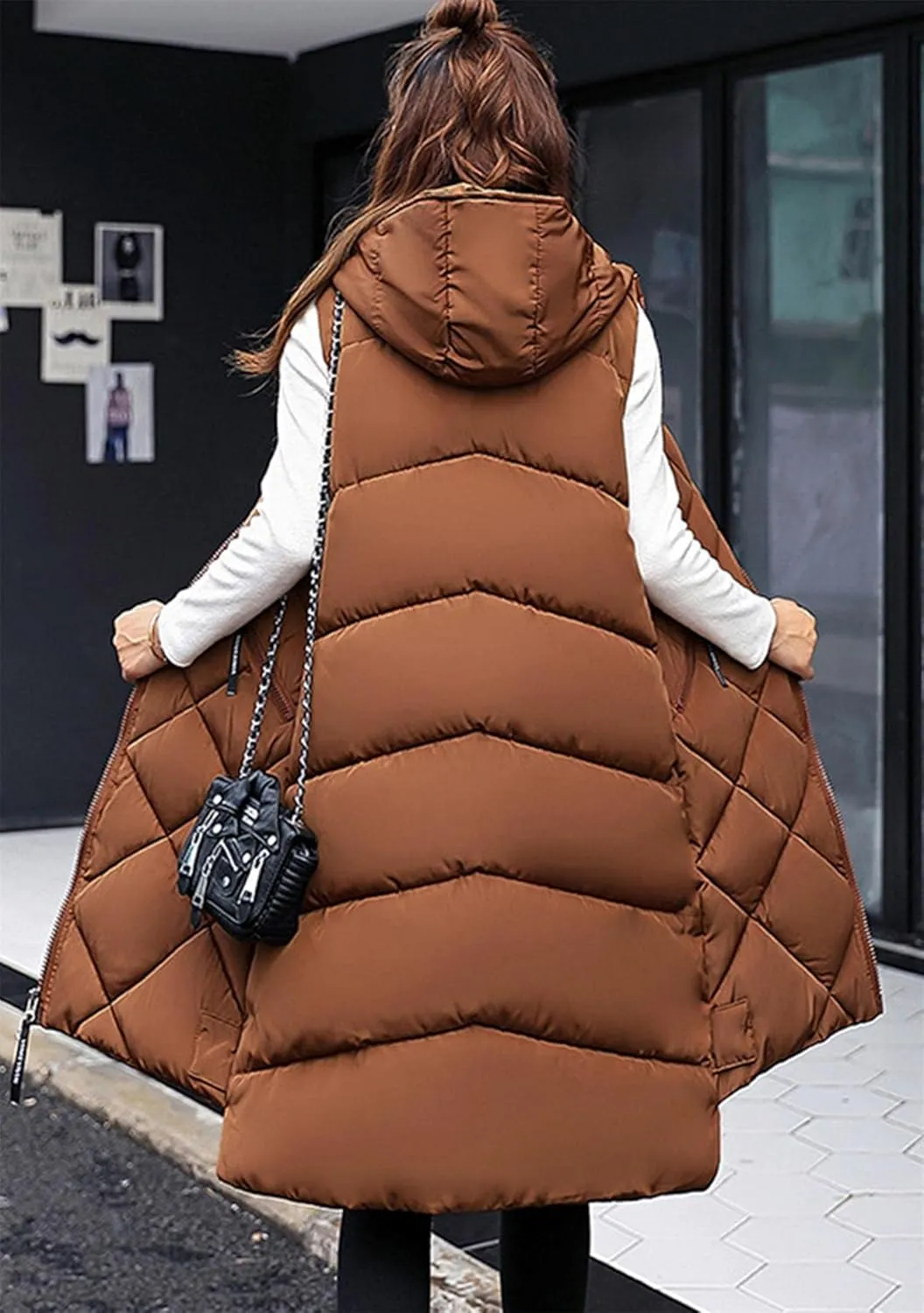 GORIFE Women's Mid Length Lightweight Puffer Vest Outwear with Pockets Zipper Sleeveless Hooded Jacket