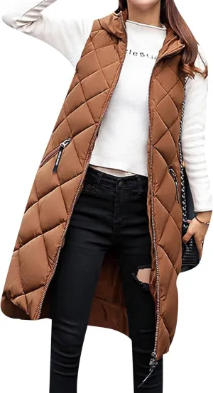 GORIFE Women's Mid Length Lightweight Puffer Vest Outwear with Pockets Zipper Sleeveless Hooded Jacket