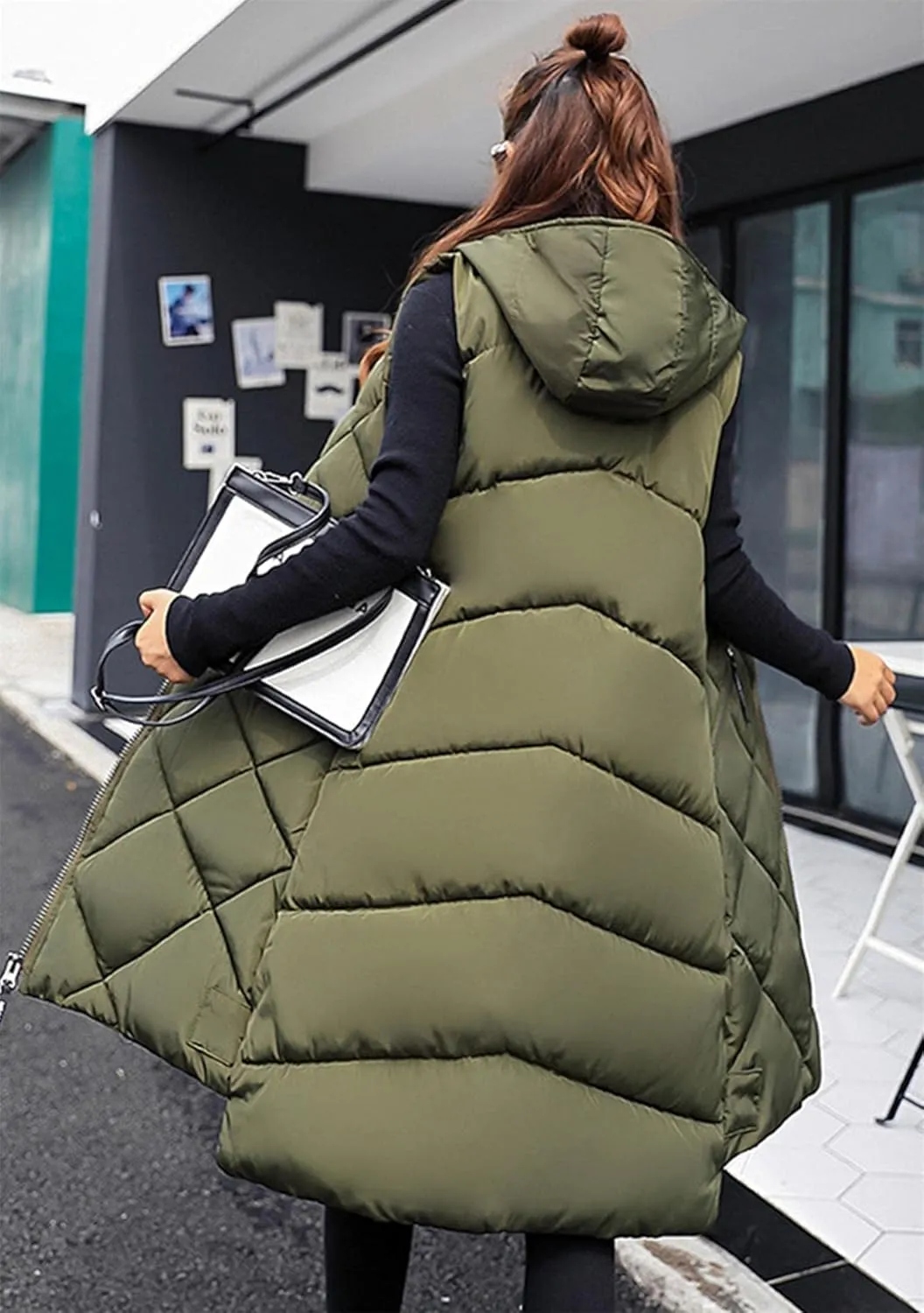 GORIFE Women's Mid Length Lightweight Puffer Vest Outwear with Pockets Zipper Sleeveless Hooded Jacket