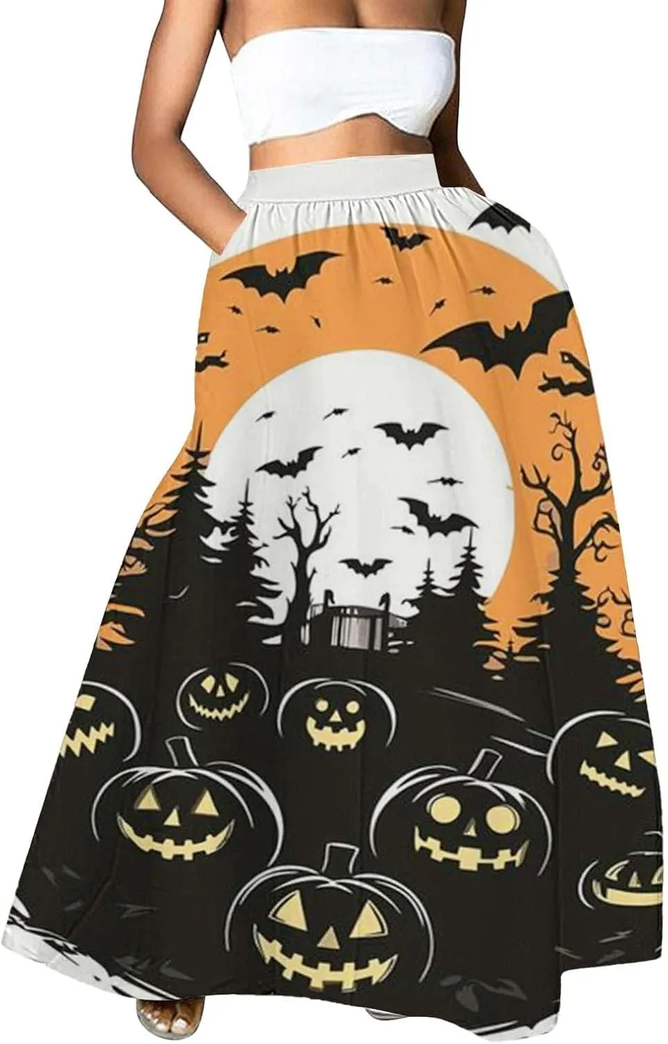 Halloween Skirt Skirt High Waist Party Beach Pocket Long Maxi Skirt Halloween Ball Teacher Outfits for Women Bat