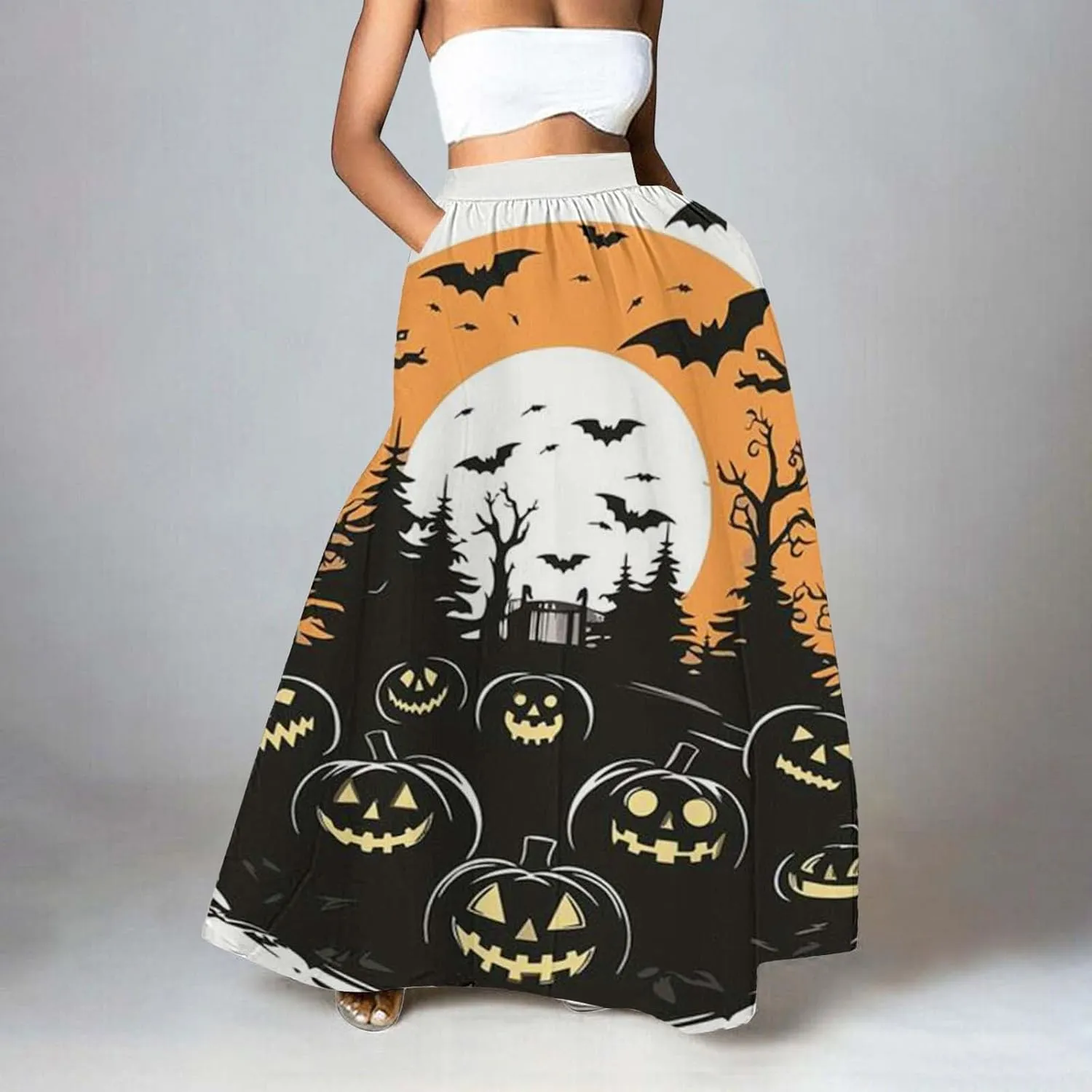 Halloween Skirt Skirt High Waist Party Beach Pocket Long Maxi Skirt Halloween Ball Teacher Outfits for Women Bat