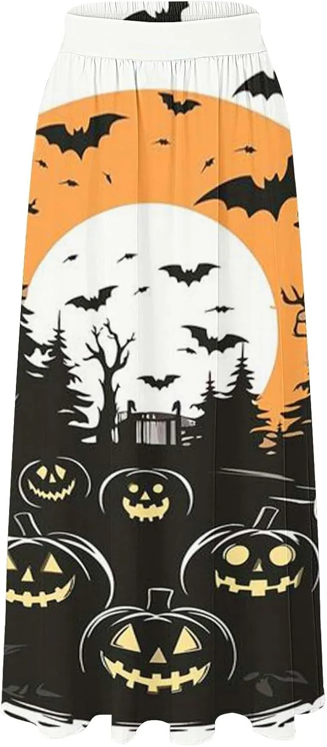Halloween Skirt Skirt High Waist Party Beach Pocket Long Maxi Skirt Halloween Ball Teacher Outfits for Women Bat