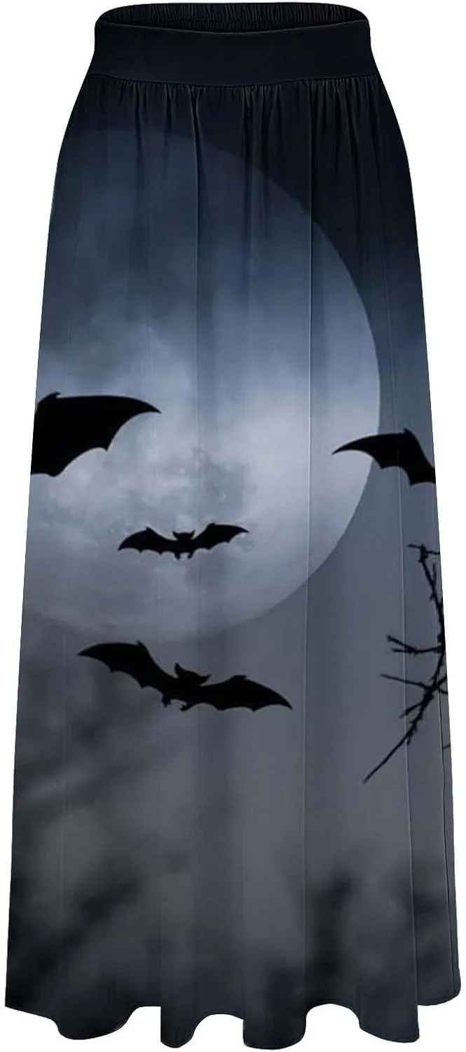 Halloween Tutu Skirt High Waist Party Beach Pocket Long Maxi Skirt Halloween bat Pattern Womens Summer Skirts Tulle