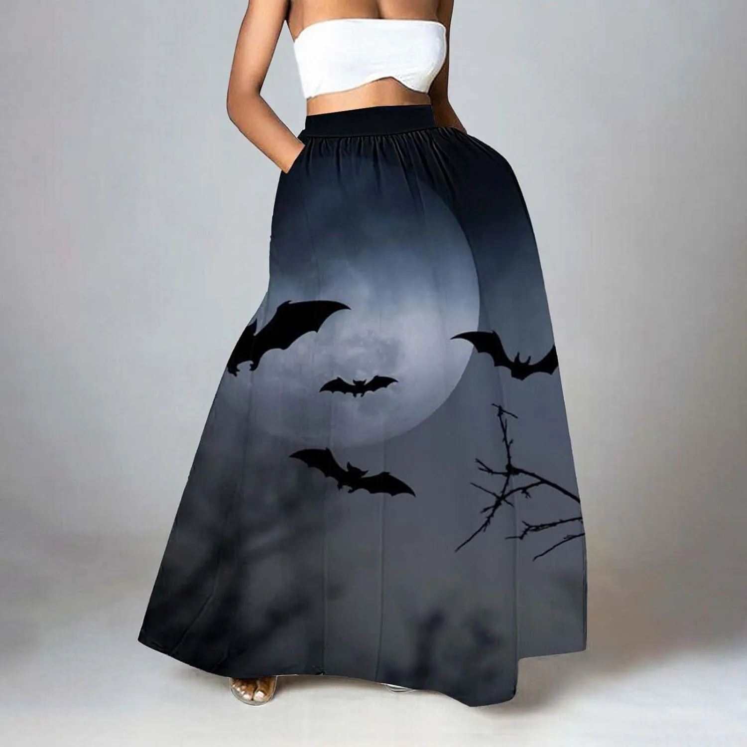 Halloween Tutu Skirt High Waist Party Beach Pocket Long Maxi Skirt Halloween bat Pattern Womens Summer Skirts Tulle