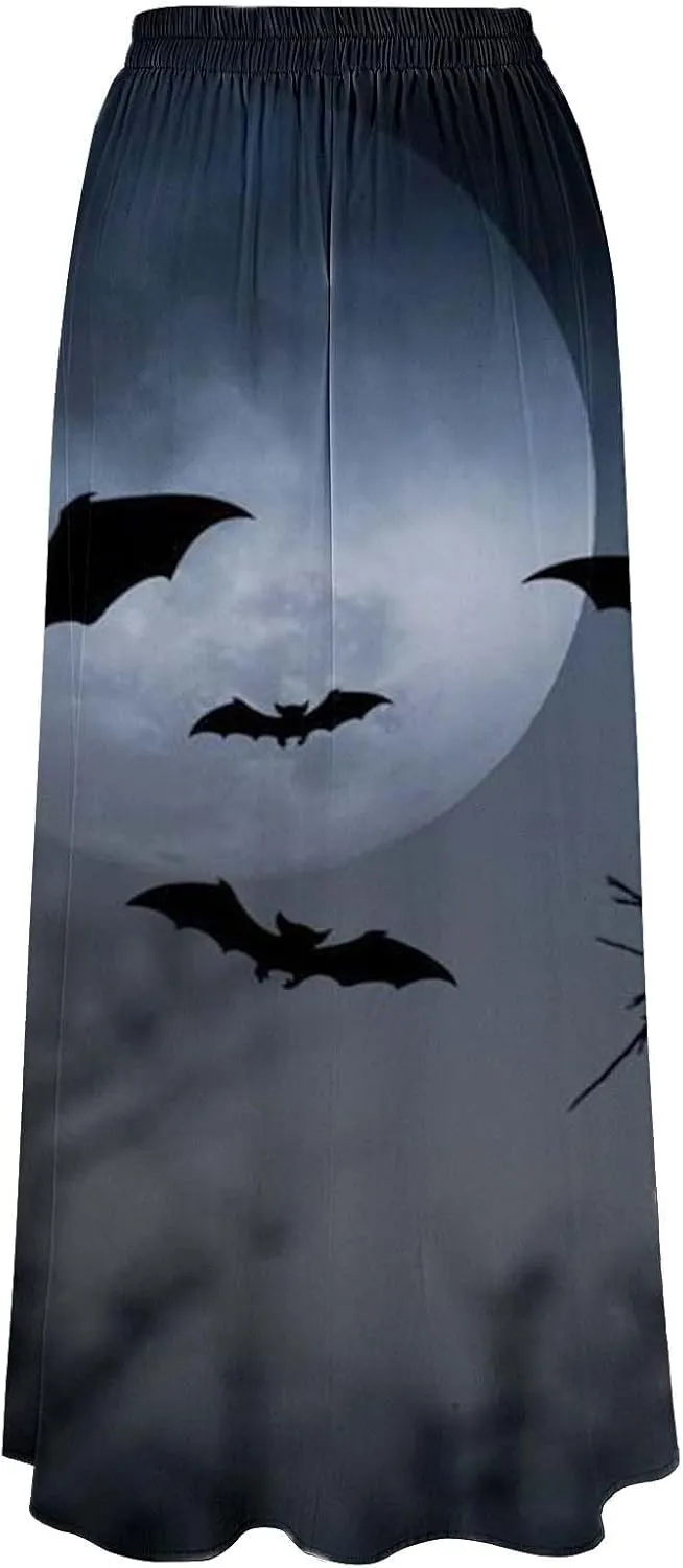Halloween Tutu Skirt High Waist Party Beach Pocket Long Maxi Skirt Halloween bat Pattern Womens Summer Skirts Tulle