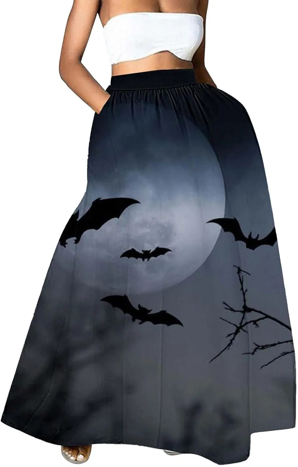 Halloween Tutu Skirt High Waist Party Beach Pocket Long Maxi Skirt Halloween bat Pattern Womens Summer Skirts Tulle