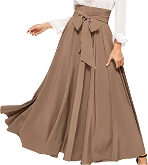 HGps8w Flowy Maxi Skirts for Women Vintage Solid Color Tie Waist A-Line Swing Casual Skirt Elegant High Waisted Long Skirt