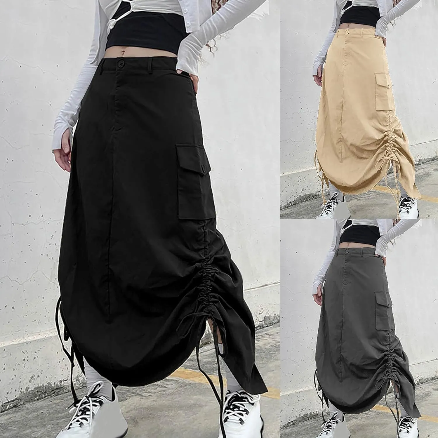 HGps8w Women Y2k Drawstring Cargo Skirt Vintage High Waist Ruched Parachute Maxi Long Skirts with Pockets