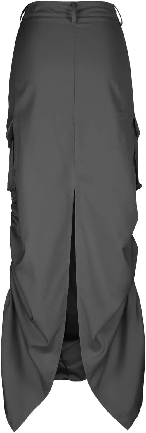 HGps8w Women Y2k Drawstring Cargo Skirt Vintage High Waist Ruched Parachute Maxi Long Skirts with Pockets