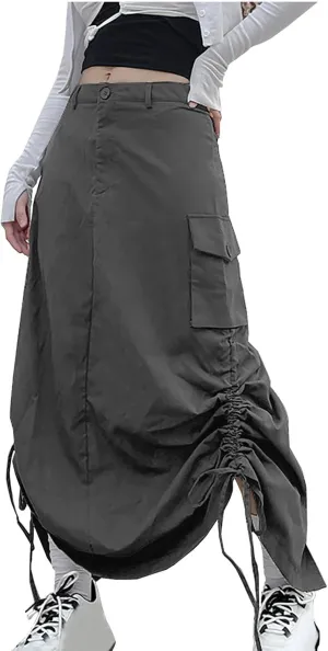 HGps8w Women Y2k Drawstring Cargo Skirt Vintage High Waist Ruched Parachute Maxi Long Skirts with Pockets