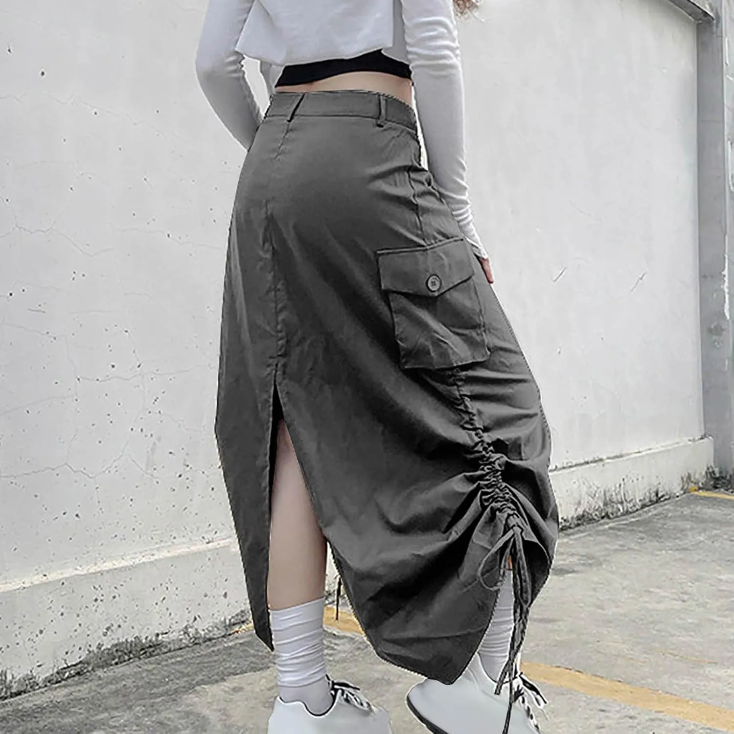HGps8w Women Y2k Drawstring Cargo Skirt Vintage High Waist Ruched Parachute Maxi Long Skirts with Pockets