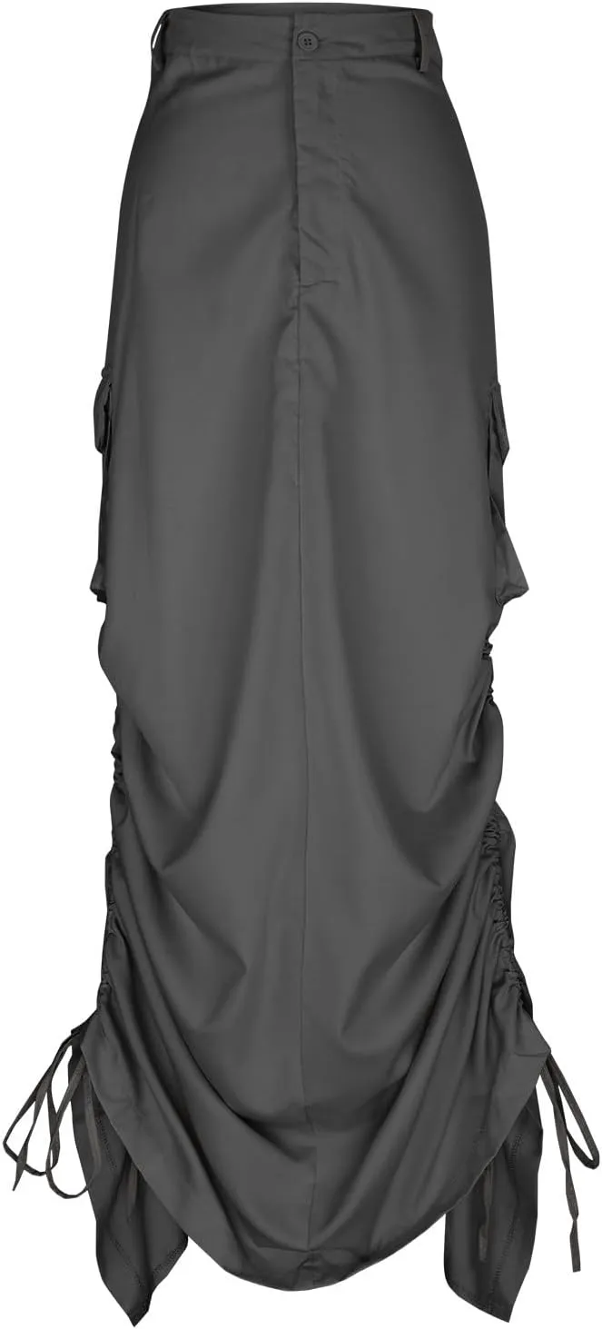 HGps8w Women Y2k Drawstring Cargo Skirt Vintage High Waist Ruched Parachute Maxi Long Skirts with Pockets