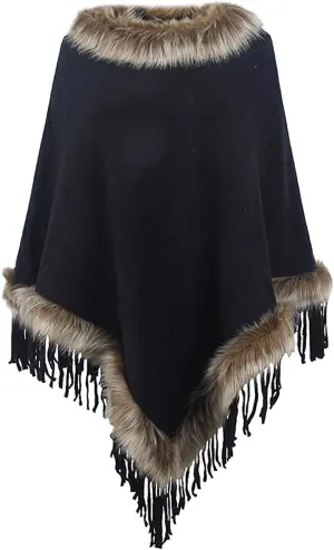 HGps8w Women's Elegant Faux Fur Poncho Cape with Fringed Hem, 2025 Winter Warm Pull On Cloak Coat for Party Daily Wear