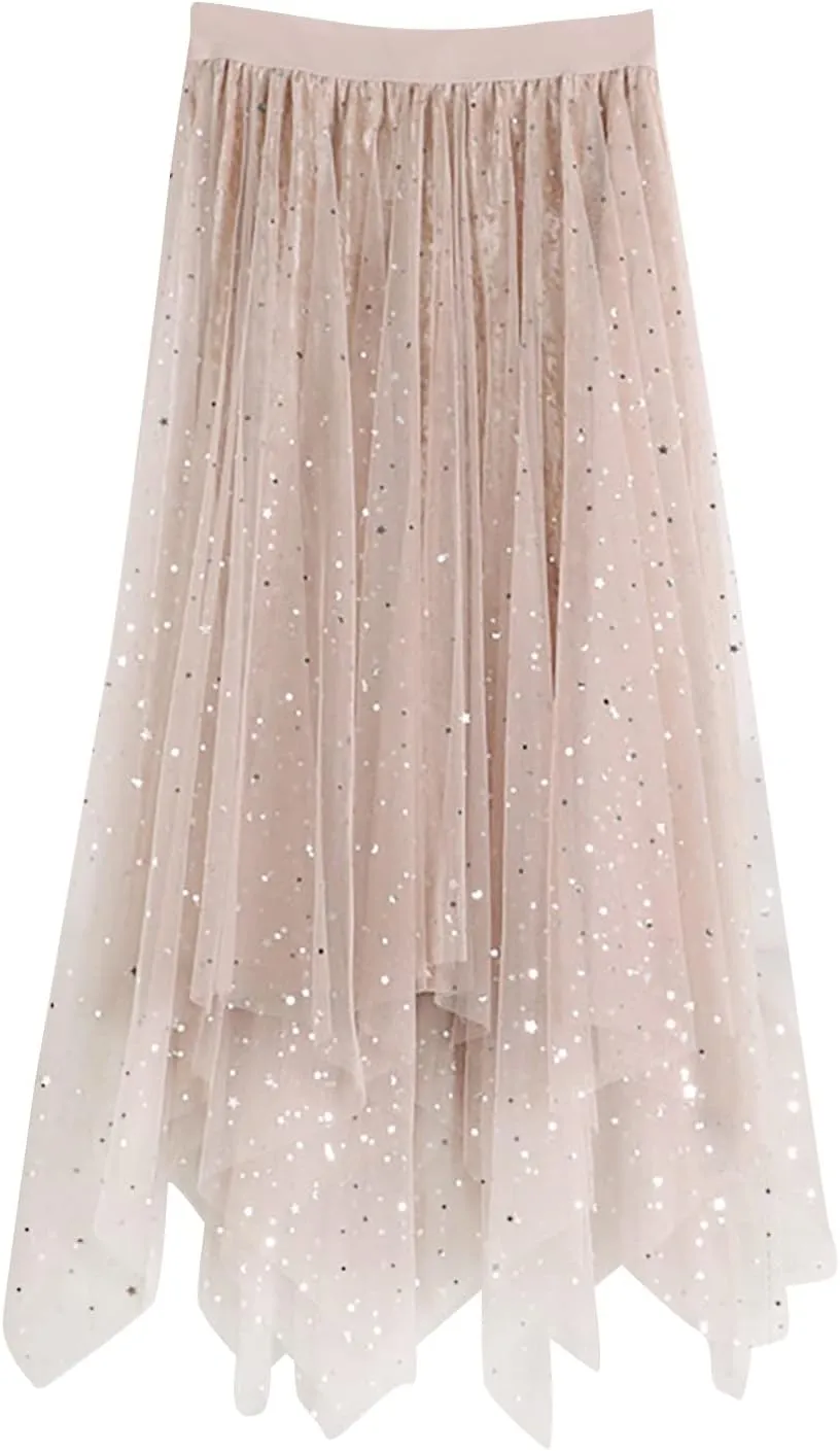 High Low Tulle Skirt Women Mesh Layered Pleated Fairy Dress Asymmetrical A-Line Midi Skirt Plus Size Y2K Witch Skirt