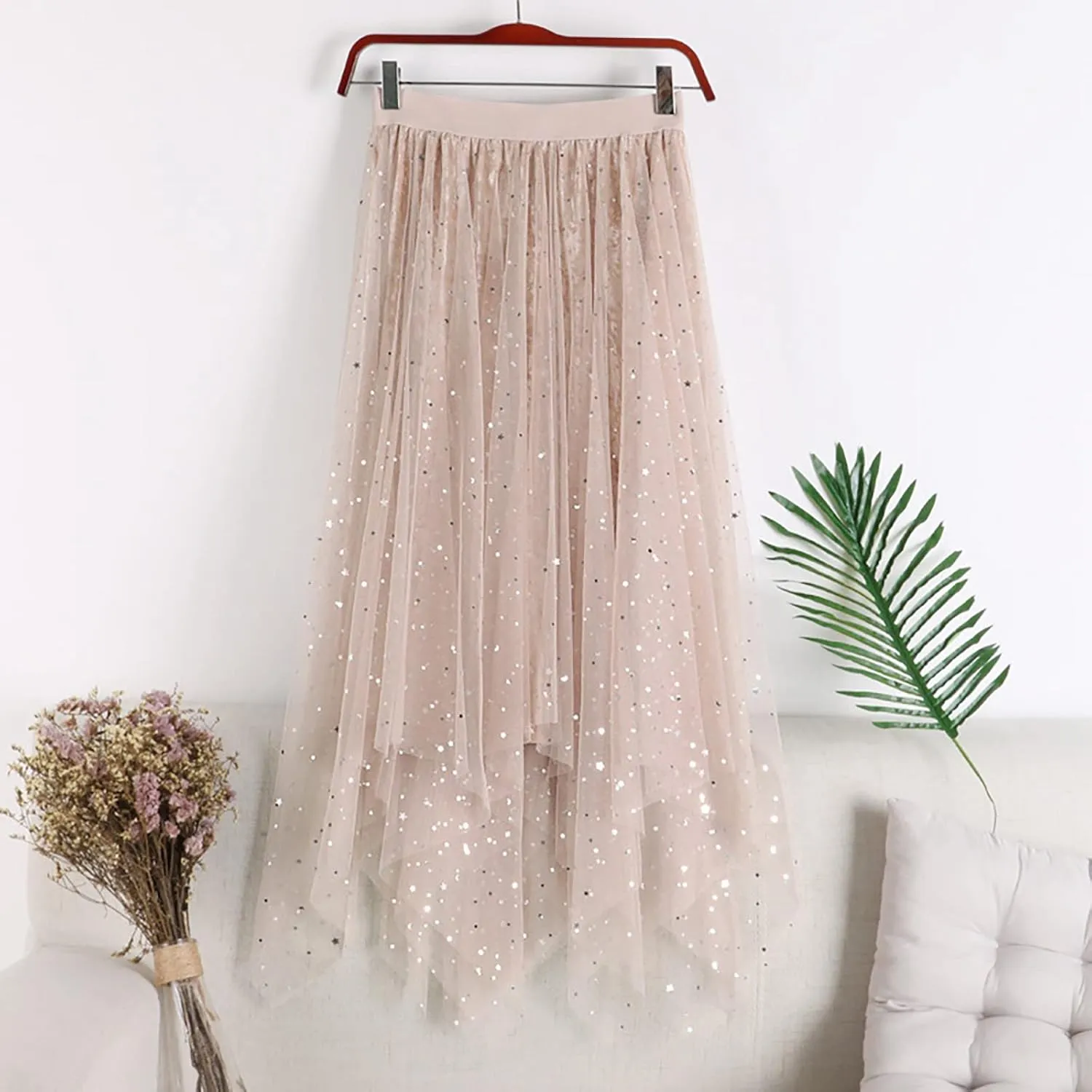 High Low Tulle Skirt Women Mesh Layered Pleated Fairy Dress Asymmetrical A-Line Midi Skirt Plus Size Y2K Witch Skirt