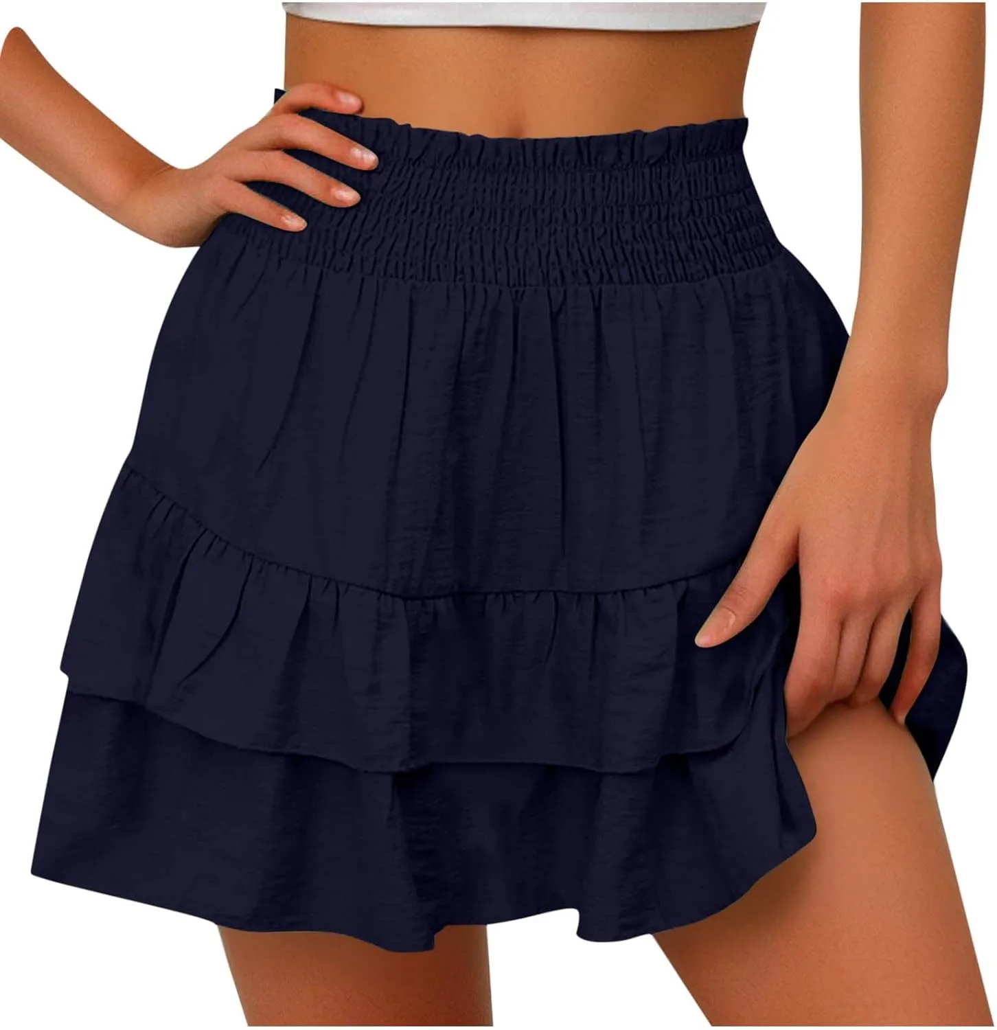 High Waisted Skirt for Women Ruffle Hem Flowy Stretchy Summer Mini Skirt Casual A Line Swing Beach Mini Short Skirt