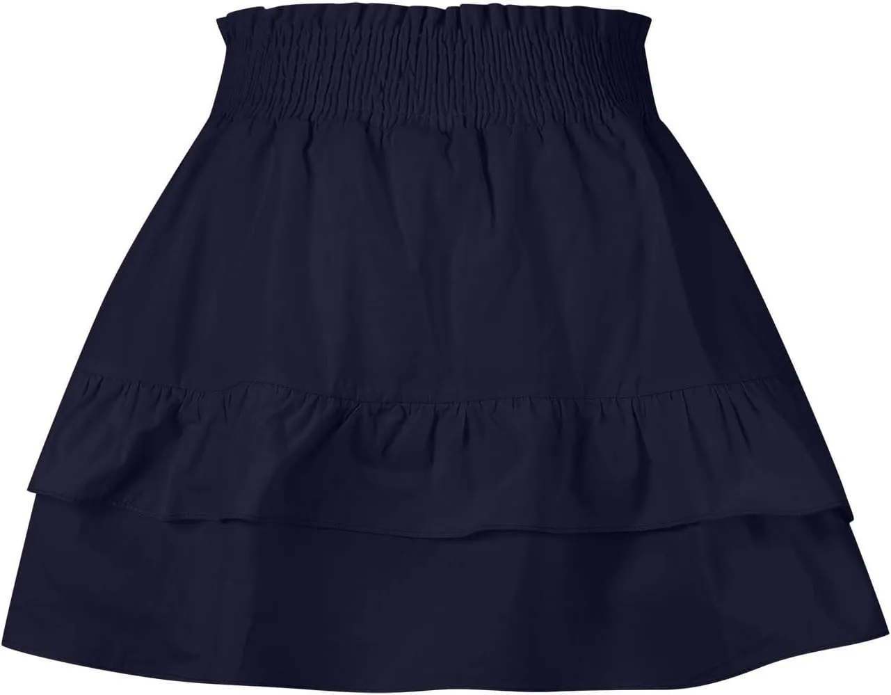 High Waisted Skirt for Women Ruffle Hem Flowy Stretchy Summer Mini Skirt Casual A Line Swing Beach Mini Short Skirt