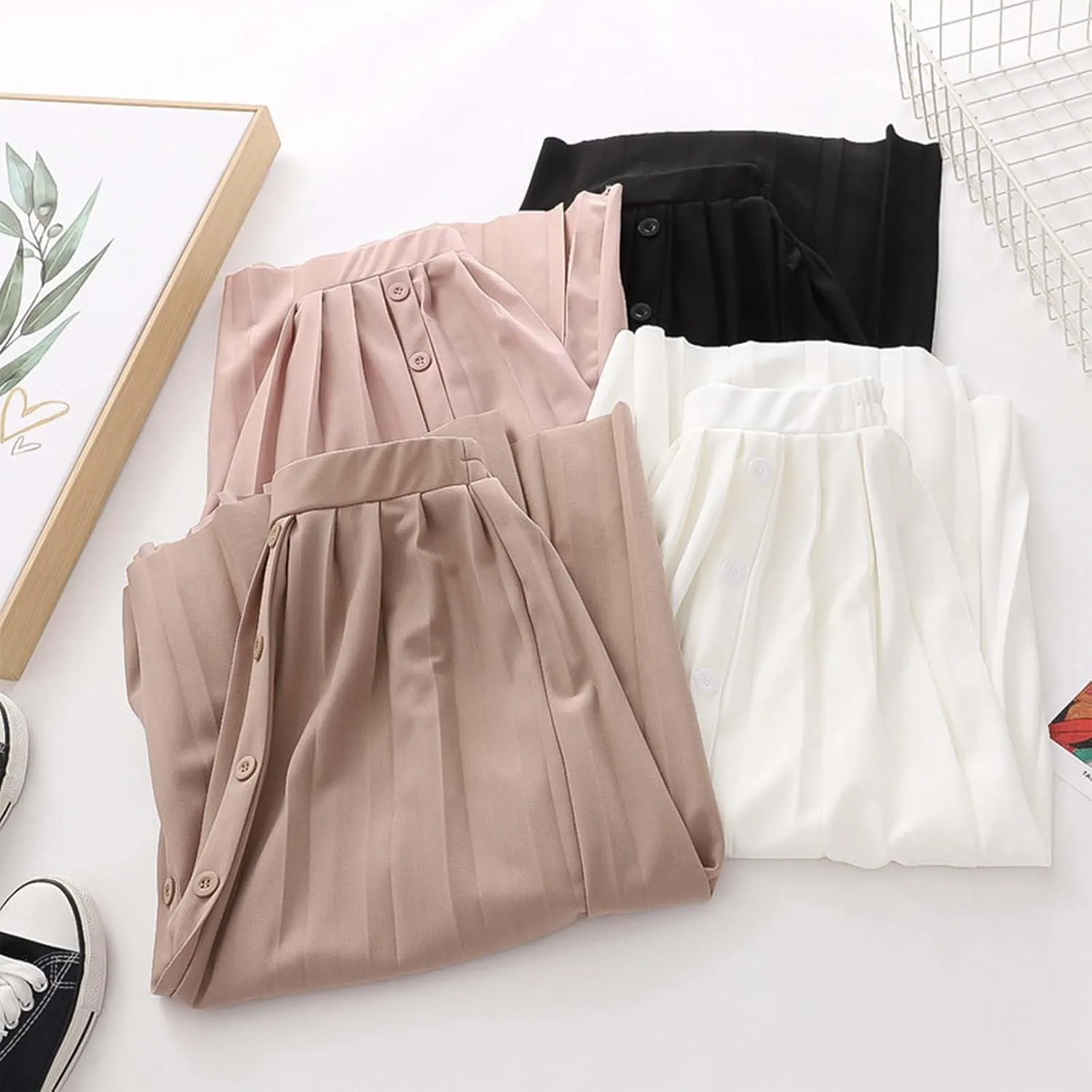 High Waisted Skirts for Women Women's Elastic Waist Solid Color Midi Pleated A Line Skirt with Flared Hem