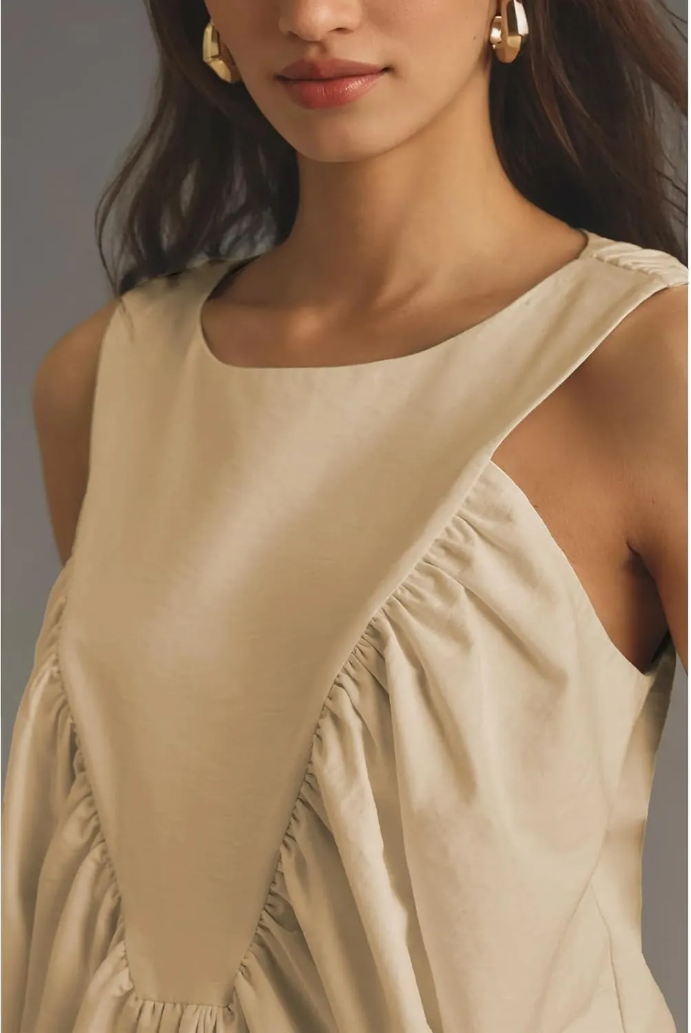 Hixiaohe Shirred Swing Tank Tops for Women Fashion Flowy Sleeveless Shirts Casual Crew Neck Blouse Loose Fit Ruffled Tops