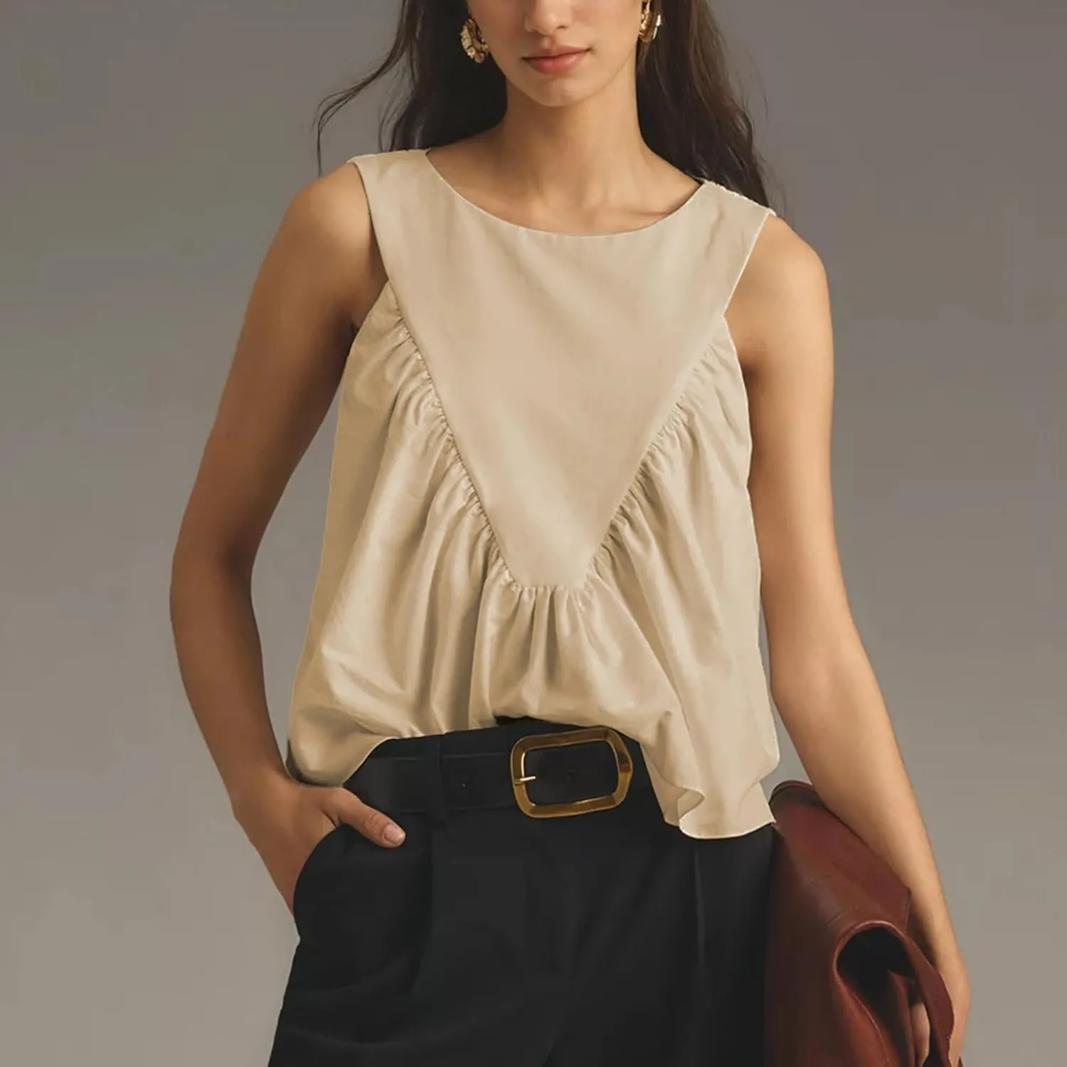 Hixiaohe Shirred Swing Tank Tops for Women Fashion Flowy Sleeveless Shirts Casual Crew Neck Blouse Loose Fit Ruffled Tops