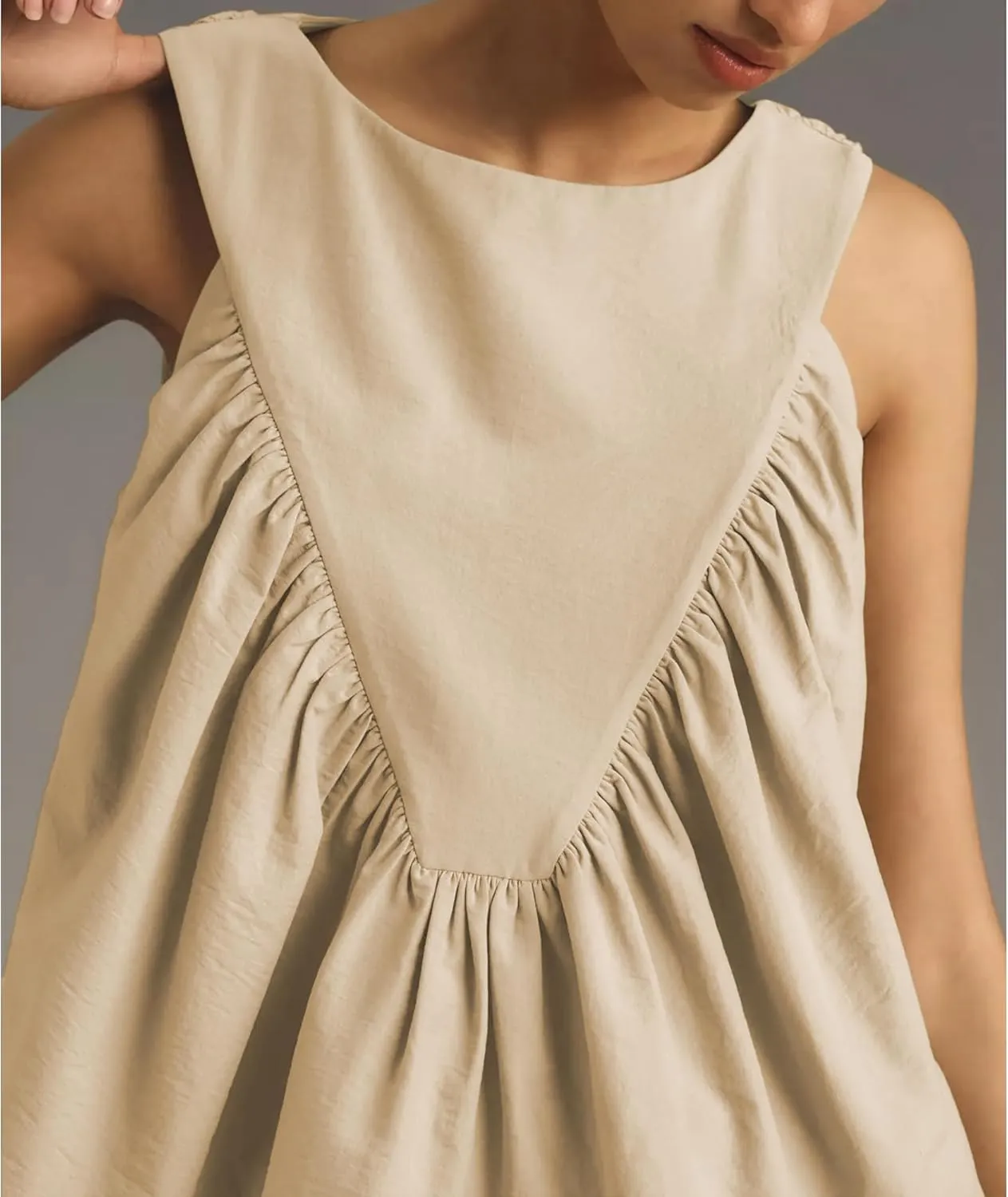 Hixiaohe Shirred Swing Tank Tops for Women Fashion Flowy Sleeveless Shirts Casual Crew Neck Blouse Loose Fit Ruffled Tops