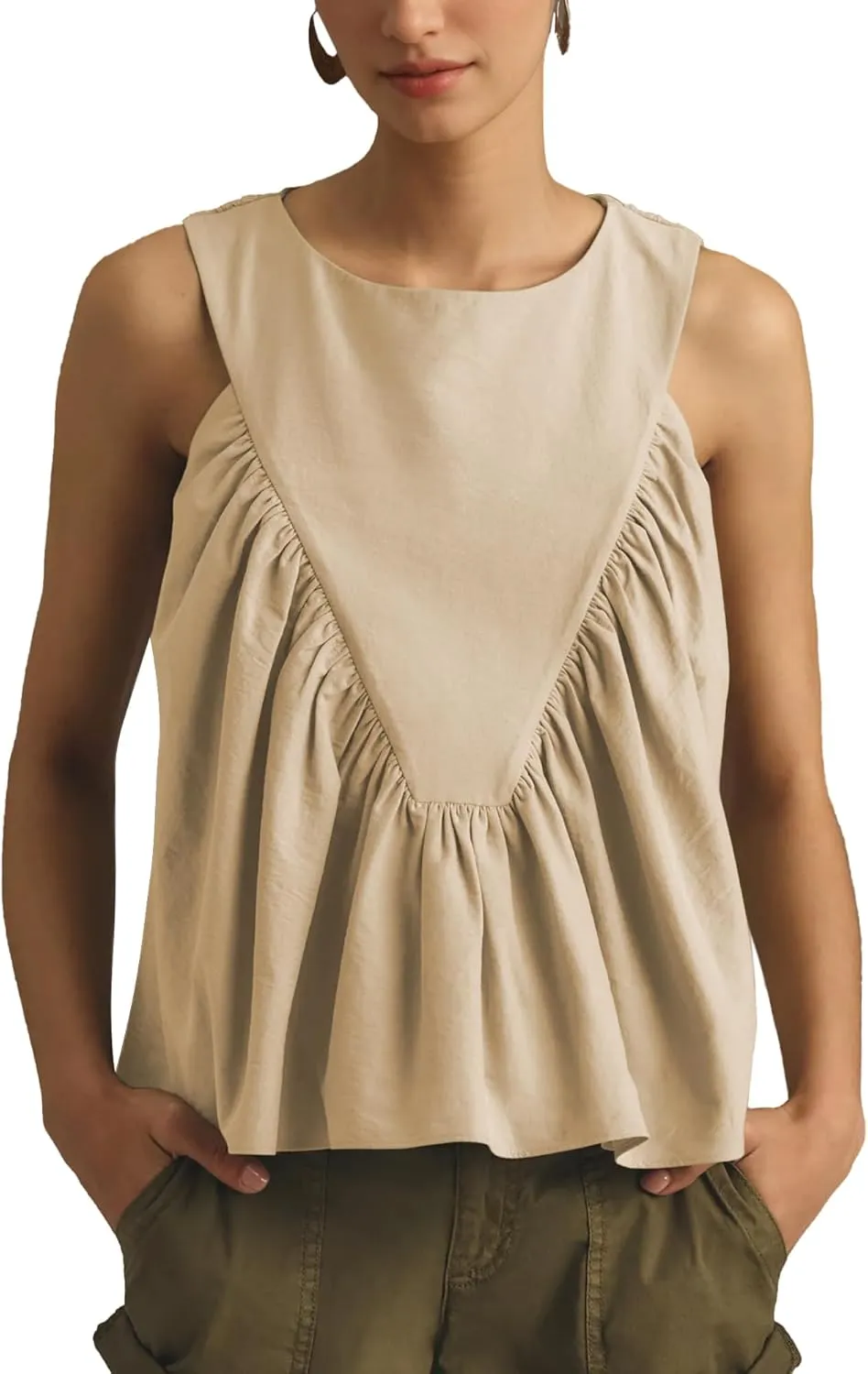 Hixiaohe Shirred Swing Tank Tops for Women Fashion Flowy Sleeveless Shirts Casual Crew Neck Blouse Loose Fit Ruffled Tops