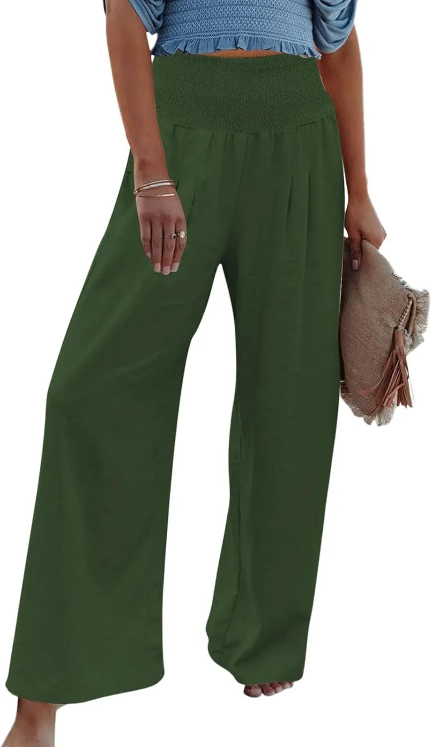 hlysgo Wide Leg Pants Women Smocked Waist Loose Fit Lounge Pants Fashion High Waisted Cotton Linen Straight Trouser Pants