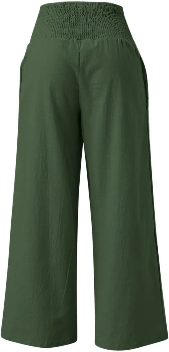 hlysgo Wide Leg Pants Women Smocked Waist Loose Fit Lounge Pants Fashion High Waisted Cotton Linen Straight Trouser Pants