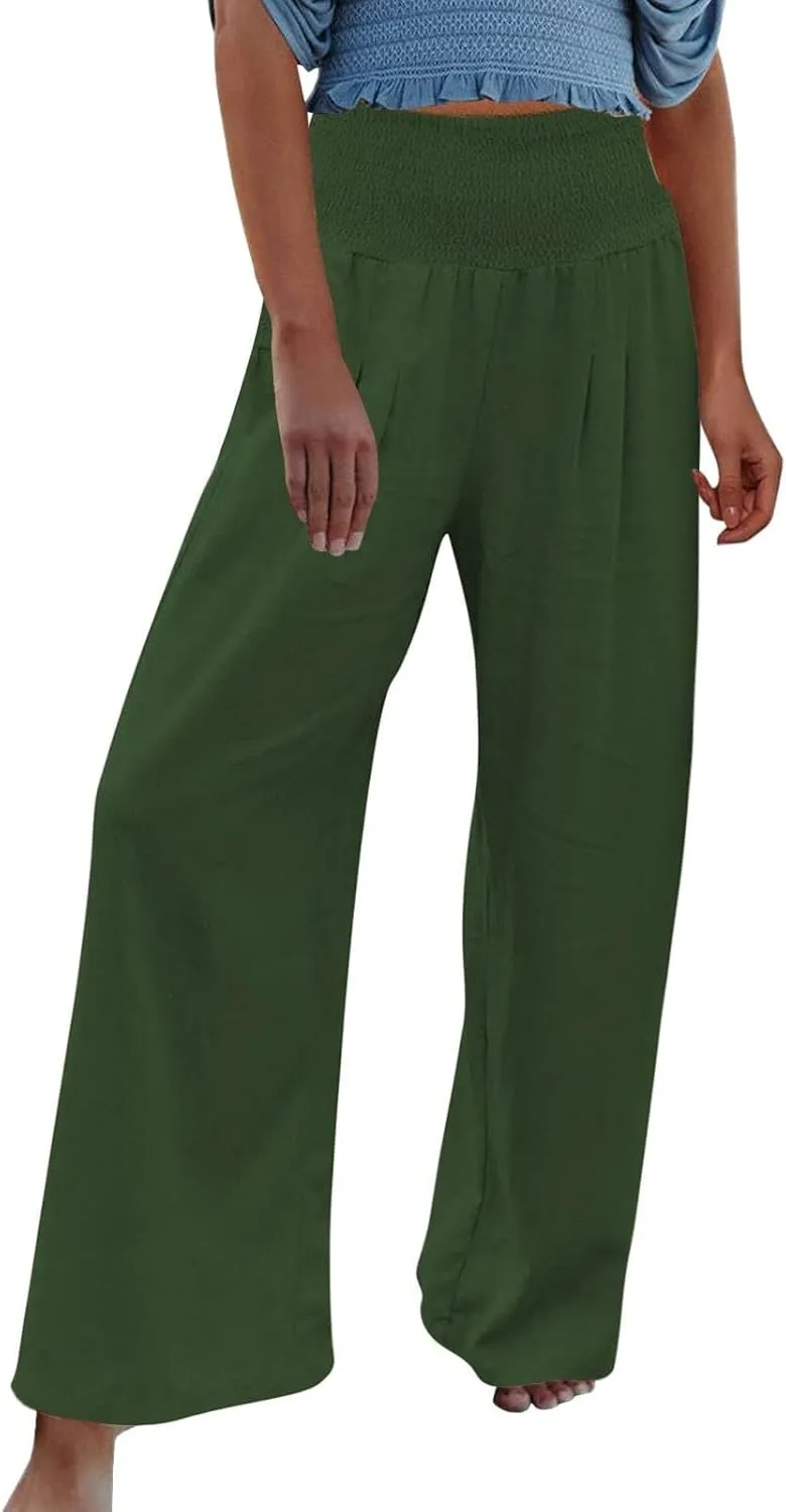 hlysgo Wide Leg Pants Women Smocked Waist Loose Fit Lounge Pants Fashion High Waisted Cotton Linen Straight Trouser Pants