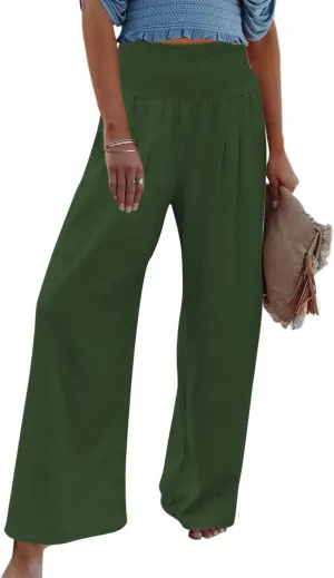 hlysgo Wide Leg Pants Women Smocked Waist Loose Fit Lounge Pants Fashion High Waisted Cotton Linen Straight Trouser Pants